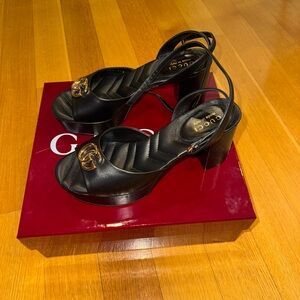 Gucci Black Heeled Sandals with Silver Accent